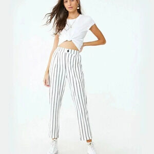 FOREVER 21 Striped Woven Long Pants Cream/Black Hem Front Slant Pockets Size L